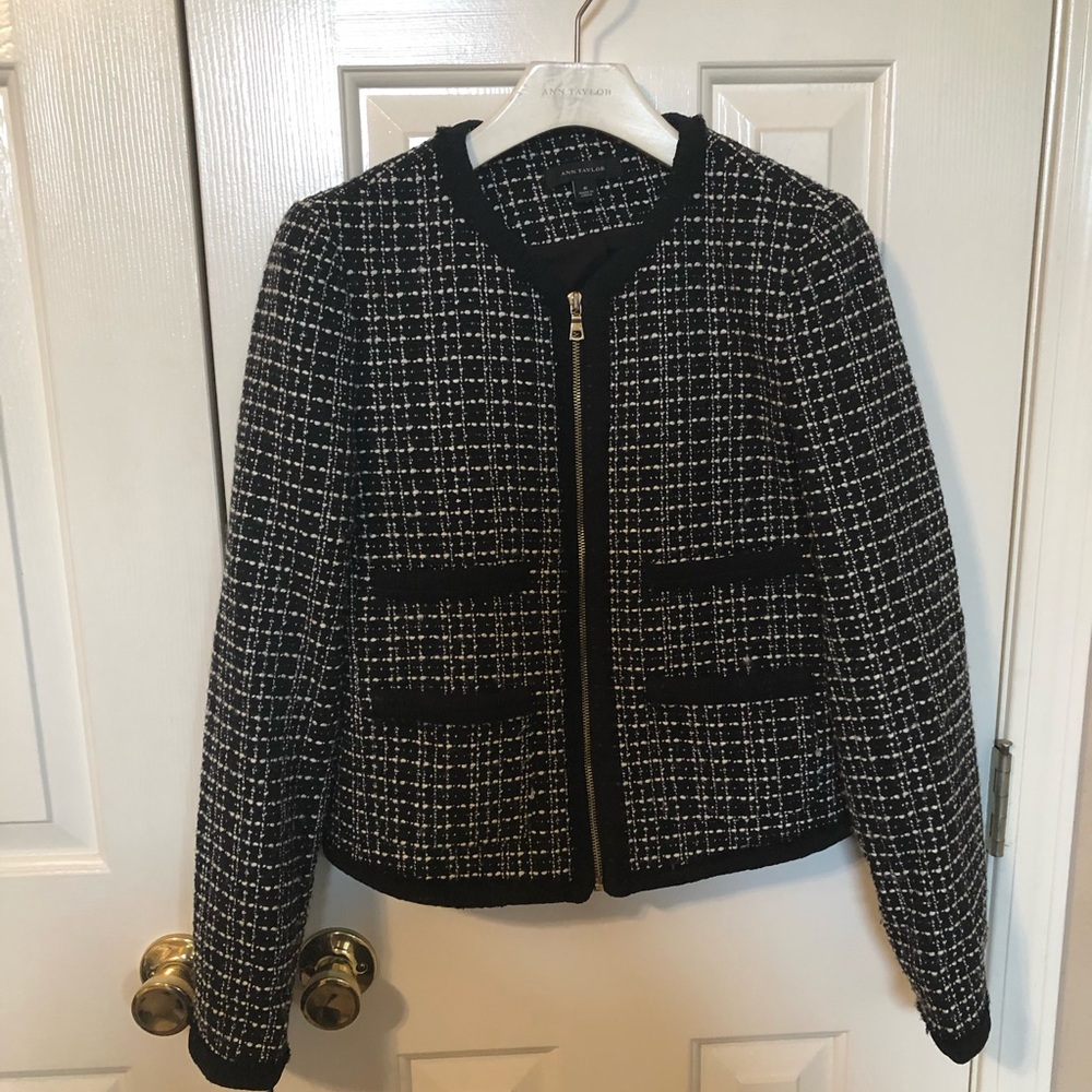 Black &white tweed jacket with gold zipper detail